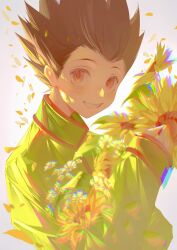 Rule 34 | 1boy, black hair, brown eyes, child, commentary, commentary request, feitian5575, flower, gon freecss, green jacket, highres, hunter x hunter, jacket, male focus, simple background, smile, solo, spiked hair, teeth, white background
