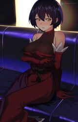 Rule 34 | 1girl, absurdres, bare shoulders, black hair, blush, bob cut, bow, breasts, brown eyes, chair, couch, dress, halterneck, highres, instagram logo, instagram username, izumo fuuko, knowname, large breasts, looking at viewer, on couch, pointy ears, rainbow, red dress, short hair, sitting, solo, twitter logo, twitter username, undead unluck
