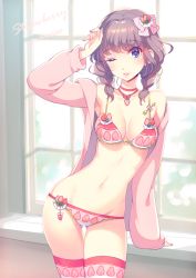 Rule 34 | 1girl, ;d, arm support, blue eyes, bra, brown hair, choker, contrapposto, cowboy shot, english text, food print, groin, hair ornament, hand to head, leaning on object, lingerie, looking at viewer, lowleg, lowleg panties, navel, nishimura eri, one eye closed, open mouth, original, panties, pink sweater, print panties, ribbon, short hair, short twintails, smile, solo, strawberry panties, strawberry print, sweater, sweets lingerie, thigh gap, thighhighs, twintails, underwear, underwear only, window, wink