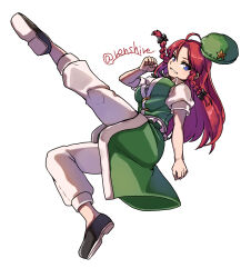 Rule 34 | 1girl, beret, black footwear, blue eyes, braid, breasts, commentary, dress, full body, green dress, green hat, hat, hat ornament, highres, hong meiling, long hair, looking at viewer, medium breasts, one-hour drawing challenge, pants, parted lips, red hair, renshirenji, short sleeves, side braids, simple background, solo, star (symbol), star hat ornament, touhou, twin braids, twitter username, white background, white pants