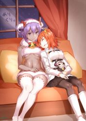 Rule 34 | 2girls, bare arms, bare shoulders, bell, black pantyhose, black skirt, blush, boots, bow, bowtie, breasts, character doll, couch, curtains, dark-skinned female, dark skin, eiri (eirri), fate/grand order, fate (series), feet out of frame, fujimaru ritsuka (female), fur collar, glass writing, hair ornament, hair scrunchie, hairband, hand on lap, hassan of serenity (fate), hassan of serenity (merry sheep) (fate), head on another&#039;s shoulder, head tilt, horns, indoors, king hassan (fate), knee boots, long sleeves, medium breasts, multiple girls, navel, on couch, orange hair, pantyhose, parted lips, pillow, pleated skirt, purple eyes, purple hair, red bow, red neckwear, ribbon-trimmed legwear, ribbon trim, scrunchie, side ponytail, signature, skirt, sleeping, sleeping upright, stomach, thighhighs, translated, underboob, white footwear, white hairband, white legwear, window