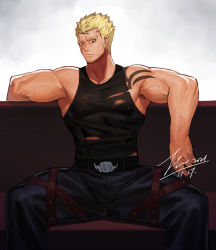 Rule 34 | 1boy, abs, arms at sides, bara, black tank top, bulge, chest tattoo, commission, couch, fairy tail, feet out of frame, highres, jin (sirius-j), large pectorals, laxus dreyar, leg strap, male focus, muscular, muscular male, nipples, on couch, pectorals, shirt, short hair, sideburns, sidepec, sitting, solo, spread legs, stomach, tank top, tattoo, thick thighs, thigh strap, thighs, topless male, torn clothes, torn shirt, veins