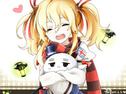 Rule 34 | 1girl, blonde hair, bow, closed eyes, dated, doll, flourescent light, glowworm (warship girls r), hair between eyes, hair ribbon, happy, hat, heart, holding, holding doll, long sleeves, machine, mini hat, open mouth, qingzhengyu, red bow, red scarf, ribbon, scarf, shirt, short twintails, sidelocks, sign, simple background, smile, solo, striped clothes, striped scarf, teeth, twintails, union jack, upper body, warship girls r, wavy hair, white shirt