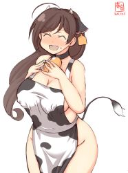 Rule 34 | 1girl, anal tail, animal ears, animal print, apron, artist logo, bell, blush, breasts, brown hair, choker, closed eyes, commentary request, covered erect nipples, cow ears, cow horns, cow print, cow tail, cowbell, cowboy shot, dated, fake tail, highres, horns, kanon (kurogane knights), kantai collection, large breasts, long hair, mamiya (kancolle), naked apron, nose blush, simple background, solo, tail, white background