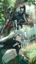 Rule 34 | 2girls, animal ears, arknights, black coat, black gloves, black hair, black pantyhose, black shorts, black vest, blue necktie, blue shorts, boots, closed eyes, coat, coat on shoulders, collared shirt, gloves, grass, grey eyes, highres, in tree, lappland (arknights), lappland (refined horrormare) (arknights), leaf, long hair, material growth, multiple girls, necktie, official alternate costume, oripathy lesion (arknights), pantyhose, saiko (saisaka), scar, scar across eye, shirt, shorts, sitting, sitting in tree, smile, tail, texas (arknights), texas the omertosa (arknights), tree, vest, white footwear, white hair, white shirt, wolf ears, wolf tail