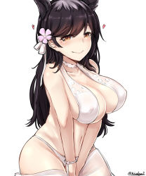 Rule 34 | 1girl, absurdres, animal ears, atago (azur lane), atago (summer march) (azur lane), azur lane, black hair, breasts, brown eyes, cleavage, commentary request, hair ornament, heart, highres, kiritto, large breasts, long hair, looking at viewer, mole, mole under eye, navel, simple background, smile, solo, swimsuit, twitter username, v arms, white background