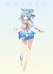 Rule 34 | 1girl, absurdres, ahoge, bare shoulders, barefoot, blue background, blue hair, character name, closed mouth, full body, full moon, griseo, griseo (starry impression), hair ornament, highres, honkai (series), honkai impact 3rd, moon, one-piece swimsuit, purple eyes, smile, swimsuit, toes, two-tone background, white one-piece swimsuit, yellow background, yuking-