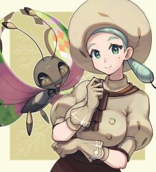 Rule 34 | 1girl, apron, ascot, border, breasts, brown apron, brown ascot, brown skirt, bug, butterfly, chef hat, creatures (company), game freak, gen 6 pokemon, gloves, green eyes, hat, highres, insect, katy (pokemon), large breasts, light green hair, mole, mole on cheek, mole under eye, nintendo, pokemon, pokemon (creature), pokemon sv, puffy short sleeves, puffy sleeves, short sleeves, side ponytail, skirt, totennko, vivillon, waist apron, white border, white gloves