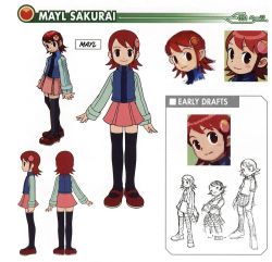 Rule 34 | 00s, 1girl, artbook, breasts, capcom, character name, character sheet, concept art, female focus, full body, looking at viewer, mayl sakurai (mega man), medium hair, mega man (series), mega man battle network, multiple views, official art, one eye closed, red hair, scan, shoes, simple background, sketch, skirt, small breasts, smile, standing, translated, white background, wink