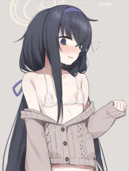 Rule 34 | 1girl, absurdres, areola slip, aumann, bad id, bad twitter id, black hair, blue archive, blue eyes, blue hairband, blush, bra, breasts, buttons, cardigan, grey background, grey cardigan, hair between eyes, hairband, halo, highres, long hair, looking at viewer, off shoulder, parted lips, simple background, sleeves past wrists, small breasts, solo, ui (blue archive), underwear, upper body, very long hair, white bra