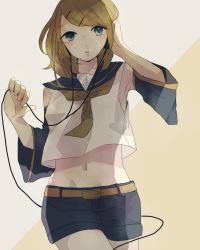 Rule 34 | 1girl, beige background, belt, black shorts, blonde hair, blue eyes, blush, cowboy shot, detached sleeves, female focus, hair ornament, hairclip, headphones, highres, kagamine rin, looking at viewer, navel, sailor collar, shorts, simple background, sleeveless, solo, tsucchiy, vocaloid