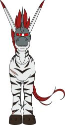 Rule 34 | digimon, digimon (creature), highres, mask, sharp teeth, shimaunimon, solo, tail, teeth, transparent background, uniform, zebra