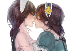 Rule 34 | 2girls, bad id, bad pixiv id, bare shoulders, blue eyes, breasts, brown hair, choker, closed eyes, crown, dual persona, hairband, imminent kiss, lips, long hair, mini crown, multiple girls, nail polish, ponytail, puffy sleeves, simple background, tcb, vocaloid, white background, yuri