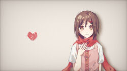 Rule 34 | 1girl, :|, alternate costume, arm at side, blurry, brown eyes, brown hair, buttons, casual, closed mouth, commentary, dot nose, expressionless, gradient background, grey background, hair between eyes, hair ornament, hairclip, hand on own chest, heart, kagerou project, looking at viewer, mekakucity actors, muuta04, negative space, pink vest, shadow, shirt, short sleeves, solo, straight-on, tateyama ayano, two-tone vest, upper body, vest, white shirt
