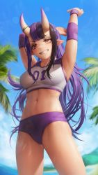 Rule 34 | 1girl, absurdres, armpits, arms up, beach, blue sky, breasts, buruma, captain hannah, cowboy shot, crop top, elbow pads, fangs, from below, grin, heart, heart-shaped pupils, highres, horns, indie virtual youtuber, long hair, looking at viewer, medium breasts, midriff, navel, numanoan, oni horns, orange eyes, pointy ears, purple hair, sky, smile, solo, sportswear, standing, stomach, stretching, sweat, symbol-shaped pupils, virtual youtuber, volleyball uniform, wrist cuffs