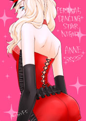Rule 34 | 1girl, ass, black sleeves, blonde hair, blue eyes, character name, copyright name, detached sleeves, dress, from behind, hair over shoulder, hat, hi (ibisf5umauma), long hair, long sleeves, persona, persona 5, persona 5: dancing star night, persona dancing, pink background, profile, red dress, short dress, shoulder blades, sleeveless, sleeveless dress, solo, standing, strapless, strapless dress, takamaki anne, twintails, twitter username