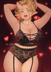 Rule 34 | 1girl, armpits, arms up, artist name, black bra, black garter straps, black panties, blonde hair, blue eyes, bra, breasts, cleavage, cowboy shot, garter straps, heart, highres, horns, large breasts, legs together, lingerie, looking at viewer, nashidrop, open mouth, original, paid reward available, panties, patreon logo, pear (nashidrop), plump, pointy ears, single horn, solo, standing, tareme, underwear, underwear only, watermark, web address