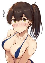 Rule 34 | 1girl, bare arms, bare shoulders, bikini, blue bikini, blush, breasts, brown eyes, brown hair, cleavage, closed mouth, collarbone, hair between eyes, highres, ichikawa feesu, kaga (kancolle), kantai collection, large breasts, long hair, side ponytail, solo, swimsuit, upper body, white background