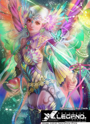 Rule 34 | 1girl, apple, armor, artist name, bug, butterfly, colorful, copyright name, fairy, fairy queen, food, fruit, gem, hair ornament, bug, leged x, lips, multicolored background, nail polish, orange eyes, pointy ears, solo, staff, thighhighs, usuda hiro, watermark, white hair, wings, x legend