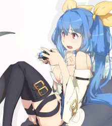 Rule 34 | 1girl, bare shoulders, black panties, black thighhighs, blue hair, blush, breasts, cleavage, controller, detached sleeves, dizzy (guilty gear), game console, game controller, guilty gear, highres, large breasts, long hair, navel, open mouth, panties, playing games, playstation 4, red eyes, ribbon, shirt, sitting, solo, sorairo usagi, tail, thigh strap, thighhighs, twintails, underwear, very long hair, wings