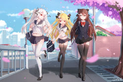 Rule 34 | 3girls, :o, ahoge, arms behind back, artist name, bag, bangle, black footwear, black jacket, black legwear, black ribbon, black sailor collar, black skirt, blazer, blonde hair, blouse, blue sky, blurry, blurry foreground, blush, bow, bowtie, bracelet, breasts, brown eyes, brown hair, building, buttons, cherry blossoms, cityscape, closed mouth, cloud, cloudy sky, collarbone, collared shirt, commentary request, day, depth of field, duffel bag, flat chest, groin, hair between eyes, hair ornament, hair ribbon, hairclip, heart, heart ahoge, holding, holding bag, house, jacket, jewelry, lamppost, leg up, light particles, loafers, long hair, looking at another, medium breasts, midriff, miniskirt, multiple girls, navel, niliu chahui, one eye closed, open mouth, original, outdoors, path, pleated skirt, qys3, red eyes, red neckwear, ribbon, road, sailor collar, school bag, school uniform, serafuku, shadow, shirt, shoes, short sleeves, siblings, sidelocks, signature, sisters, skirt, sky, smile, standing, stomach, thighhighs, tokisaki asaba, tokisaki mio (niliu chahui), tree, two side up, undershirt, v-shaped eyebrows, very long hair, walking, white hair, white legwear, white shirt, wing collar, wristband, x hair ornament, zettai ryouiki