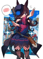 Rule 34 | 1girl, animal ears, bare shoulders, belt, black thighhighs, blue dress, blue flower, blue rose, blush, brown hair, brown thighhighs, camera, camera flash, crowd, dagger, diffraction spikes, dress, feet out of frame, flower, flying sweatdrops, hair over one eye, hat on back, highres, horse ears, horse girl, horse tail, knife, nishiki kazue, non porn, off-shoulder dress, off shoulder, open mouth, outstretched arms, purple eyes, rice shower (umamusume), rose, sheath, sheathed, solo, spoken blush, standing, sweatdrop, tail, thighhighs, trembling, umamusume, weapon