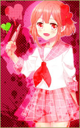 Rule 34 | 1girl, :d, blood, blood splatter, blunt bangs, blush, border, breasts, checkered clothes, checkered skirt, cowboy shot, flower, hair flower, hair ornament, heart, holding, holding weapon, knife, looking at viewer, mikasa (k0t7 mak), mix ore, nagisa ichigaulait, neckerchief, open mouth, outline, parted bangs, pink hair, pink skirt, pixel art, pleated skirt, polka dot, polka dot background, red eyes, school uniform, serafuku, shadow, short hair, sidelocks, skirt, sleeve cuffs, small breasts, smile, solo, weapon, yandere