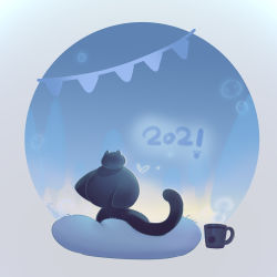 Rule 34 | 1boy, 2021, animal focus, black cat, cat, circle, cup, facing away, from behind, highres, luo xiaohei, luo xiaohei (cat), luo xiaohei zhanji, mug, no humans, solo, steam, suncle