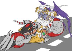 Rule 34 | digimon, digimon (creature), dynasmon, highres, horns, looking at viewer, machmon, mini digimon: the story of the royal knights, sharp teeth, teeth, v, wings, yellow eyes