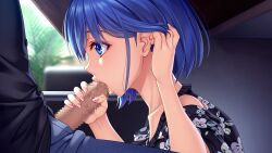 Rule 34 | 1girl, :&gt;=, adjusting hair, blue eyes, blue hair, blurry, blurry background, blush, censored, erocas! ~jikkyou! inran hoken&#039;i~, eyebrows hidden by hair, fellatio, from side, game cg, highres, indoors, light blush, looking at another, mosaic censoring, open fly, oral, original, penis, short hair, sitting, suzumoto eri, under table, yoshino keiko