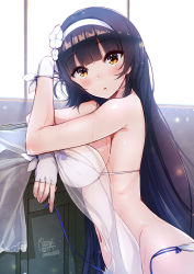 Rule 34 | 1girl, bad id, bad pixiv id, bare shoulders, bikini, black hair, blunt bangs, blush, breasts, brown eyes, dated, day, elbow rest, fingerless gloves, flower, girls&#039; frontline, gloves, hair flower, hair ornament, hairband, head tilt, highres, indoors, large breasts, light particles, long hair, looking at viewer, mappaninatta, navel, official alternate costume, open mouth, out of frame, side-tie bikini bottom, signature, solo, stomach, swimsuit, type 95 (girls&#039; frontline), type 95 (summer cicada) (girls&#039; frontline), untied bikini, very long hair, wet, white bikini, white gloves, white hairband, window, yellow eyes