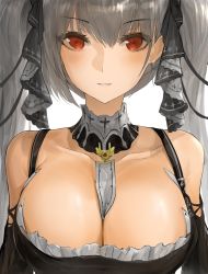 Rule 34 | 1girl, azur lane, bare shoulders, between breasts, black dress, blush, breasts, chan1moon, cleavage, commentary request, dress, earrings, formidable (azur lane), frills, grey hair, hair ornament, hair ribbon, highres, jewelry, large breasts, long hair, looking at viewer, red eyes, ribbon, solo, twintails