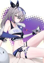 Rule 34 | 1girl, closed mouth, cropped jacket, cropped shirt, from side, fur-trimmed jacket, fur trim, goggles, goggles on head, grey eyes, grey hair, hair between eyes, high ponytail, highres, honkai: star rail, honkai (series), jacket, lewdlux, long hair, looking at viewer, looking to the side, navel, shirt, shorts, silver wolf (honkai: star rail), single-shoulder shirt, sitting, solo, stomach, white shirt