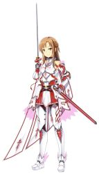 Rule 34 | 10s, 1girl, alternate costume, armor, asuna (sao), bad id, bad pixiv id, brown hair, butter-t, full body, highres, holding, holding sword, holding weapon, looking at viewer, md5 mismatch, rapier, simple background, smile, solo, sword, sword art online, sword art online: hollow fragment, sword art online: infinity moment, weapon, white armor, white background, white legwear
