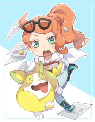 Rule 34 | 1girl, absurdres, boots, commentary request, creatures (company), eyelashes, eyewear on head, framed, game freak, gen 8 pokemon, green eyes, green footwear, green shirt, hair ornament, heart, heart hair ornament, highres, kisa (kisa-kisa5900), lab coat, long hair, nintendo, open mouth, orange hair, pants, paper, pokemon, pokemon (creature), pokemon swsh, shirt, side ponytail, signature, sonia (pokemon), sunglasses, sweatdrop, teeth, tongue, yamper