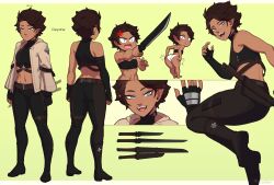 Rule 34 | 1girl, :3, :d, :p, anger vein, bare shoulders, belt, black gloves, black shirt, blue eyes, boots, brown belt, character name, chibi, commentary, crop top, dark-skinned female, dark skin, deyane (razalor), ear piercing, elbow gloves, english commentary, fangs, fingerless gloves, gloves, halterneck, height, jacket, knee boots, midriff, multiple views, navel, open clothes, open jacket, open mouth, original, panties, pants, piercing, pointy ears, razalor, sheath, shirt, simple background, single elbow glove, sleeveless, sleeveless shirt, slit pupils, smile, sword, tongue, tongue out, underwear, weapon, white panties, yellow background
