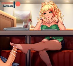 Rule 34 | 1girl, bar censor, barefoot, blonde hair, bracelet, breasts, cafe, censored, cleavage, drinking straw, feet, footjob, glass, green eyes, head rest, jewelry, long hair, looking at viewer, multicolored hair, mystra77, shorts, sitting, smile, stealth sex, streaked hair, toes, under table, watch, wristwatch