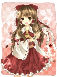 Rule 34 | 1girl, ascot, bad id, bad pixiv id, bare shoulders, bow, brown eyes, brown hair, checkered background, cherry blossoms, detached sleeves, female focus, frills, gohei, hair bow, hair tubes, hakurei reimu, highres, holding, japanese clothes, leaf, long hair, looking at viewer, midriff, miko, open mouth, rounded corners, senju (uroakono), skirt, smile, solo, teeth, touhou, vest