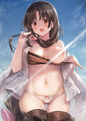 Rule 34 | 1girl, ahoge, bandeau, black hair, blush, breasts, brown bandeau, brown eyes, censored, cowboy shot, groin, kantai collection, large breasts, light rays, long hair, navel, open mouth, panties, shouhou (kancolle), smile, solo, teeth, toka (marchlizard), underwear, upper teeth only, very long hair, white panties