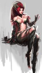 Rule 34 | 1girl, arm support, bad id, bad pixiv id, bare shoulders, branch, breasts, cleavage, extra ears, glowing, glowing eyes, large breasts, leaf, league of legends, long hair, monster girl, navel, open mouth, orange eyes, plant, plant roots, pointy ears, red hair, simple background, sitting, solo, thorns, vines, yellow eyes, yy6242, zyra