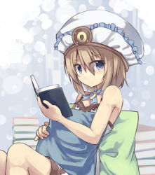Rule 34 | 10s, 1girl, bare shoulders, blanc (neptunia), blue eyes, blush, book, book stack, brown hair, gradient background, hat, holding, holding book, looking at viewer, md5 mismatch, neptune (series), normaland, pillow, short hair, sitting, solo