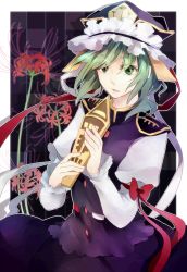 Rule 34 | 1girl, bow, female focus, flower, frills, green eyes, green hair, hat, highres, long sleeves, matching hair/eyes, rod of remorse, shiki eiki, short hair, sofy, solo, spider lily, touhou