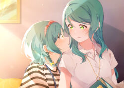 Rule 34 | 2girls, aqua hair, bang dream!, black shirt, blush, book, bow, braid, collared shirt, commentary request, dress shirt, eye contact, green eyes, hair between eyes, hair bow, hairband, hikawa hina, hikawa sayo, holding, holding book, indoors, jewelry, light particles, long hair, looking at another, medium hair, multiple girls, necklace, open book, open mouth, parted lips, partial commentary, red hairband, shadow, shirt, short sleeves, siblings, sidelocks, striped clothes, striped shirt, sunlight, suspenders, sweatdrop, toto (sa-dosama), twin braids, twins, upper body, white shirt, yellow bow