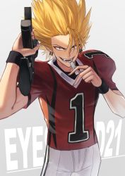 Rule 34 | 1boy, absurdres, american football, american football uniform, assault rifle, asymmetrical bangs, blonde hair, chewing gum, copyright name, cowboy shot, earrings, eyeshield 21, grey background, gun, hara kenshi, highres, hiruma youichi, holding, holding gun, holding weapon, jewelry, looking at viewer, m4 carbine, male focus, open mouth, over shoulder, pants, pointy ears, rifle, sanpaku, sharp teeth, shoulder pads, smile, solo, spiked hair, sportswear, teeth, uniform, weapon, white pants, wristband