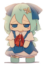Rule 34 | 1girl, absurdres, bandaid, bandaid on leg, blue bow, blue dress, blue eyes, blue footwear, blue hair, blush stickers, bow, cirno, collared shirt, dress, fairy, full body, fumo (doll), hair bow, highres, ice, ice wings, kame (kamepan44231), shirt, shoes, short hair, short sleeves, simple background, solo, touhou, white background, white shirt, wings
