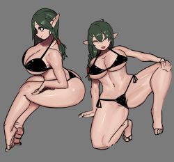 Rule 34 | 1girl, ^ ^, absurdres, ass, bikini, black bikini, black eyes, breasts, closed eyes, curvy, elf, closed eyes, feet, from side, green hair, grey background, highres, huge breasts, mano (manobece), multiple views, navel, open mouth, original, pointy ears, ponytail, shading, side-tie bikini bottom, simple background, sketch, smile, string bikini, swimsuit, thick thighs, thighs, thong bikini, toes