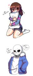 Rule 34 | androgynous, blush, brown hair, frisk (undertale), gender request, hands in pockets, heart, hugging object, jacket, korean text, pillow, pillow hug, red eyes, sans (undertale), seiza, shiro (whddn2501), simple background, sitting, translation request, undertale, white background