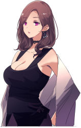Rule 34 | 1girl, breasts, brown hair, camisole, choker, cleavage, collarbone, earrings, from side, highres, jewelry, large breasts, lips, lipstick, makeup, medium hair, mikoto akemi, original, pants, parted lips, pink eyes, sidelocks, simple background, solo, swept bangs, white background