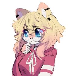 Rule 34 | 1girl, :&lt;, anakoluth, animal ears, blonde hair, blue eyes, closed mouth, dog ears, dog girl, furry, furry female, glasses, highres, hood, hoodie, looking away, original, red hoodie, round eyewear, sketch, solo, upper body