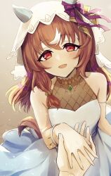 Rule 34 | 1girl, animal ears, blush, breasts, brown hair, collarbone, commentary request, dress, hair between eyes, hair ornament, highres, horse ears, jewelry, looking at viewer, nakichi n, necklace, open mouth, pov, pov hands, red eyes, simple background, small breasts, smile, still in love (umamusume), umamusume, veil, wedding dress, white background